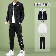 GXMY【三件套】牛仔外套男2021春秋季衣服男裝新款運動休閑套裝男士暗黑系潮流機能工裝夾克男 901黑色+百搭純T+K501工裝褲【三件套】 3XL【建議體重160-180斤】