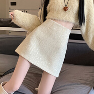 淑游毛呢亮片半身裙秋冬款女顯瘦高腰包臀裙亮閃閃字短裙褲 白色 M