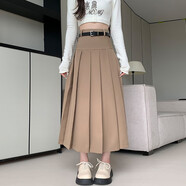 里農(nóng)半身裙女2024新款百褶裙中長(zhǎng)高腰顯瘦皮帶芭蕾大擺韓版黑色a字裙 卡其 L（100-115斤）