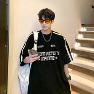 OEMG 美式復(fù)古短袖t恤男夏季新款潮流牌青少年五分袖上衣服寬松休閑衫 DSA456-T568黑色 XL [建議125-140斤]