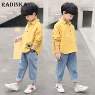 Radinka2025春秋新款男童春裝套裝中大童洋氣襯衫牛仔褲兩件套兒童裝ELI 黃色襯衫+牛仔褲 110 碼建議身高105厘米左右