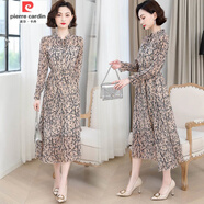 皮爾卡丹（pierre cardin）秋裝碎花長袖連衣裙女新款顯瘦時(shí)尚氣質(zhì)荷葉領(lǐng)雪紡印花裙長款 杏色 3XL