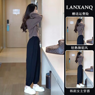 妍莉芬（yanlifen）衛(wèi)衣女裝春季2025新款套裝小個(gè)子衣服上衣休閑外套兩件套褲子春秋 咖色上衣+黑色褲子 M 【建議95-105斤】
