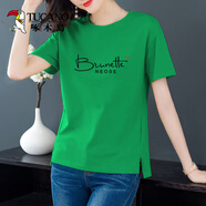 啄木鳥(niǎo)100%純棉短袖t恤女寬松大i碼印花體恤2025夏新款韓版百搭女士上衣 綠色【B字母】 XL (建議130-145斤)