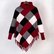 其他的  THE OTHER流蘇斗篷外套女秋冬披肩式中長(cháng)款蝙蝠型厚高領(lǐng)套頭外搭毛衣針織衫 紅色 均碼