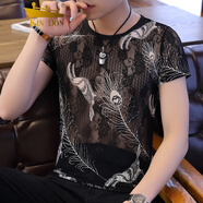 金盾夏季冰絲短袖t恤男新款大碼透氣鏤空半袖T恤圓領(lǐng)網(wǎng)眼透明上衣汗衫 白小鳥(niǎo) XL