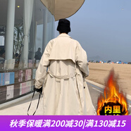 HOUQIYE風(fēng)衣男秋冬季中長款大碼連帽大衣加棉加厚保暖寬松韓版潮牌外套 F2068米白加棉 5XL（200-220斤）