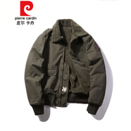 皮爾卡丹chic羊羔毛外套男冬季毛領(lǐng)短款圈圈毛絨翻領(lǐng)機車(chē)工裝飛行員夾克潮針織 軍綠 M