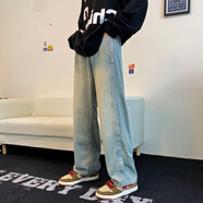 以舟百搭牛仔褲男直筒寬松闊腿長(cháng)褲韓版潮流ulzzang復古闊腿春秋新款 藍色 S