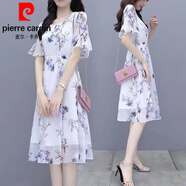 皮爾卡丹（pierre cardin）碎花雪紡連衣裙女2024新款夏季小個(gè)子收腰遮肚顯瘦氣質(zhì)仙女字裙針 優(yōu)雅紫 L 建議100-115斤