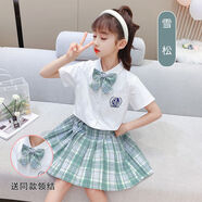 約克兔（YueKeTu）女童jk套裝適合3-12歲小女孩夏天穿的日系簡約學(xué)院風(fēng)襯衫百褶裙兩 童裝雪松+皓海白短袖+領(lǐng)結(jié)襪 140