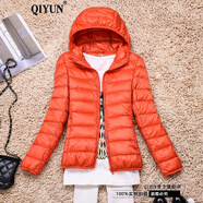QIYUN 輕薄羽絨服女短款秋冬新款韓版修身薄款短外套女 連帽橘色 M 【80-95斤】