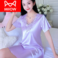 貓人（MiiOW）性感女士睡裙女夏季款冰感蕾絲可外穿冰仿真絲大碼夏天寬松睡衣裙 8688紫色 XL 170 【115 130斤選】