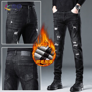 鏈克破洞刺繡牛仔褲男秋冬新款韓版彈力顯瘦修身小腳長(cháng)褲時(shí)尚休閑男褲 黑灰色7651抓絨 28