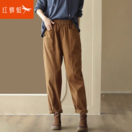 紅蜻蜓休閑褲女2025年冬季新款女裝磨毛斜紋長(cháng)絨棉柔軟哈倫女士長(cháng)褲子女 黃焦糖色長(cháng)褲 L