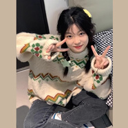DXOT2025新款百搭設(shè)計(jì)感毛衣女秋冬圓領(lǐng)毛茸茸慵懶可愛(ài)內(nèi)搭打底針織衫 【杏色毛衣】 S 40/45kg
