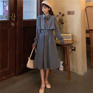 賢語(yǔ)連衣裙新款秋冬收腰高腰裙顯瘦森系長(cháng)裙復古溫柔風(fēng)氣質(zhì)裙子女 藍色 L