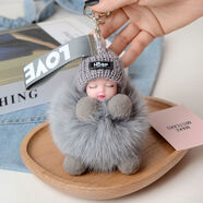 KAROND新品書(shū)包掛墜仿狐貍毛睡眠娃娃背包掛件飾品可愛(ài)毛絨鑰匙扣女毛球書(shū)包掛飾公仔 簡(jiǎn)約款灰色