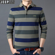 JEEP SPIRIT吉普休閑純棉翻領(lǐng)條紋長袖t恤男春秋珠地商務(wù)體恤衫繡標(biāo)大碼上衣 軍綠8031款 4XL (195) /108A建議190-200斤