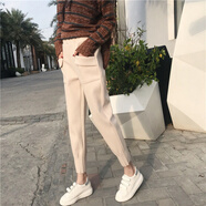 月袖毛呢加厚哈倫小腳褲子女秋冬2021新款韓版休閑呢子寬松顯瘦束腳褲 2013# 杏色 加厚 S 建議【80-90】