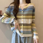 茲奈兒初秋女裝新款春秋條紋針織衫開衫薄款長袖短款上衣女JD26963 黃色 S（建議90-100斤）