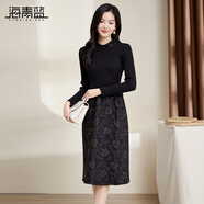 海青藍(lán)（CYANINE SEA）女神范氣質(zhì)針織長(zhǎng)袖連衣裙女2023秋冬新款洋氣假兩件拼接提花裙子 黑色 M