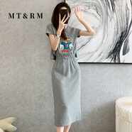 MT&RM高端時尚假兩件連衣裙女夏季韓版休閑卡通減齡收腰顯瘦中長裙子 灰色連衣裙 L
