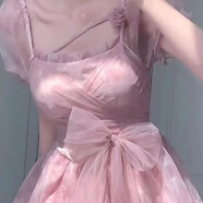 伊琦蕾甜美少女法式玫瑰公主蓬蓬裙細閃高腰設計連衣裙夏季新款女高穿搭 粉色 L 建議100-110斤