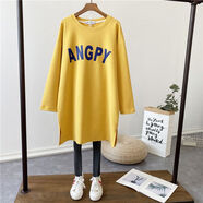 卿寶蓓孕婦裝秋冬裝長(cháng)袖中長(cháng)款打底衫上衣寬松大碼200斤孕婦T恤秋裝裙子 5020黃色上衣 3XL