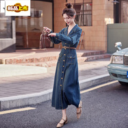 初徑過(guò)膝牛仔連衣裙女春秋款2025新款收腰顯瘦復古港風(fēng)氣質(zhì)中長(cháng)款裙2 藍色 M