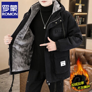 羅蒙（ROMON）牛仔外套男士秋冬季新款潮流高級感中長(cháng)款夾克潮牌加絨加厚派克服 加絨 8822黑色 【加厚】 XL