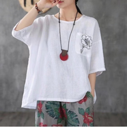 盛昭達棉麻上衣女夏季高檔韓版V領(lǐng)小香風(fēng)遮肚修身顯瘦短袖女冰絲棉短袖 白色（寬松風(fēng)格） L 105-115斤