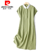 皮爾卡丹（pierre cardin）亞麻連衣裙女寬松韓版高端薄款夏季文藝棉麻短袖顯瘦娃娃領(lǐng)中長(zhǎng)裙 果綠 L 【120-135斤】