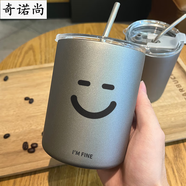 囤柒吸管保溫杯創(chuàng  )意表情咖啡杯隨行杯ins小眾保溫杯子帶吸 佛系款(灰)