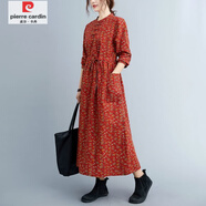 皮爾卡丹（pierre cardin）春秋新款文藝大碼盤(pán)扣抽繩收腰寬松顯瘦中長(cháng)款碎花棉麻連衣裙 磚紅 M 【建議115斤以?xún)取?
                                         title=