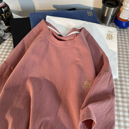 QGF 棉麻短袖t恤女潮流港風(fēng)寬松簡約國潮刺繡體桖衫夏季休閑百搭上衣 粉紅 M