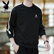 花花公子（PLAYBOY）長袖t恤男春秋季2025新款圓領(lǐng)寬松潮流重磅百搭上衣打底衫衛(wèi)衣男 20172黑色 2XL