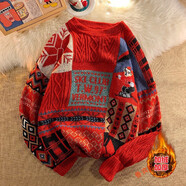 魯賓克毛衣男冬季加絨加厚圓領(lǐng)套頭保暖針織衫情侶喜慶大紅圣誕新年毛衣 A146圓領(lǐng)紅色加絨 XL