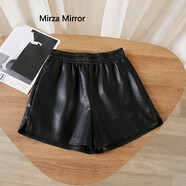 Mirza Mirror 皮短褲女春秋款新款松緊靴褲高腰顯瘦寬松闊腿褲黑色外穿皮褲 黑色 M