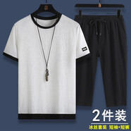 gxmy冰絲短袖T恤男士套裝圓領時尚國潮ins夏季薄款速干兩件套衣服男裝 A03純白T+黑褲【兩件套】 L 【建議體重100-120斤】