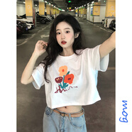 薩姆依港味復古超火花朵印花短袖T恤女夏季小個(gè)子高腰短款露臍甜辣上衣  白色 M