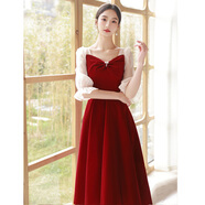 塞德勒新娘酒紅色敬酒服夏款小個(gè)子訂婚連衣裙紗袖中長(cháng)款顯瘦禮服 酒紅色拉鏈款 L (建議106-115斤)