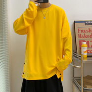 NEW OR MODE排扣長(zhǎng)袖T恤男港風(fēng)潮流牌開(kāi)叉打底衫青少年ins寬松上衣服圓領(lǐng)休閑 黃色 XL