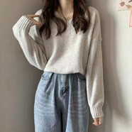 歐洛黛針織衫女V領(lǐng)秋冬季新款百搭寬松針織衫打底上衣慵懶風(fēng)加厚毛衣女 白灰色 L