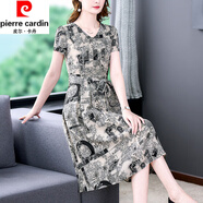 皮爾卡丹（pierre cardin）真絲印花連衣裙女年夏季新款貴夫人系帶顯瘦洋氣寬松桑蠶絲中長(zhǎng)裙 圖片色 L