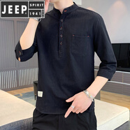 JEEP SPIRIT/吉普夏季男士七分袖棉T恤潮流韓版立領(lǐng)套頭男裝袖亞麻T恤上 DC605黑色 L