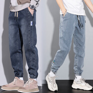 戈凡爾春秋季男牛仔褲 微彈寬松九分休閑工裝松緊束腳褲 QD-1801藍灰+2083藍色 4XL[（39-40碼）體重180-195斤]