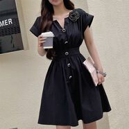 粉紅大布娃娃2024新款簡(jiǎn)約通勤收腰顯瘦立體花裝飾黑色連衣裙女夏 純黑色 M