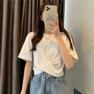 彌多紅辣妹短款上衣女寬松韓版2021新款網(wǎng)紅設計感交叉短袖T桖ins潮 白色 S 建議60-85斤