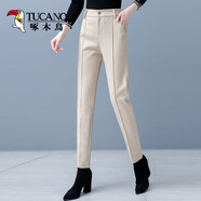 啄木鳥(niǎo)加絨加厚毛呢褲子女秋冬季新款外穿高腰寬松顯瘦九分修身小腳長(cháng)褲 杏色【加絨】 毛呢長(cháng)褲秋冬F 加厚 2XL 二尺三【126-135斤】
